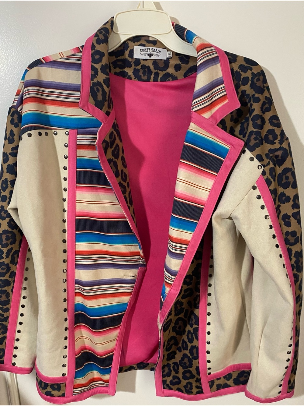 Crazy Train Pink Trim Leopard & Striped Patchwork Blazer